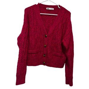 Zara Fuchsia Pink Cable Knit Button-Down Women's Cardigan Sweater Size S